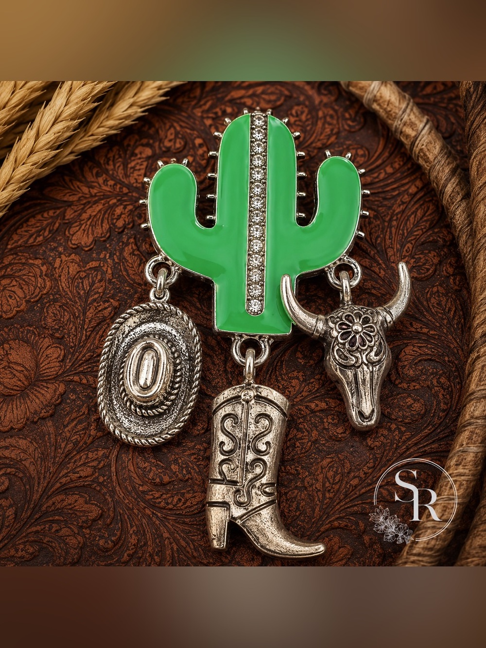 Western Cactus Brooch Pin Green Enamel Rhinestone Cowboy Boot Longhorn NWT
